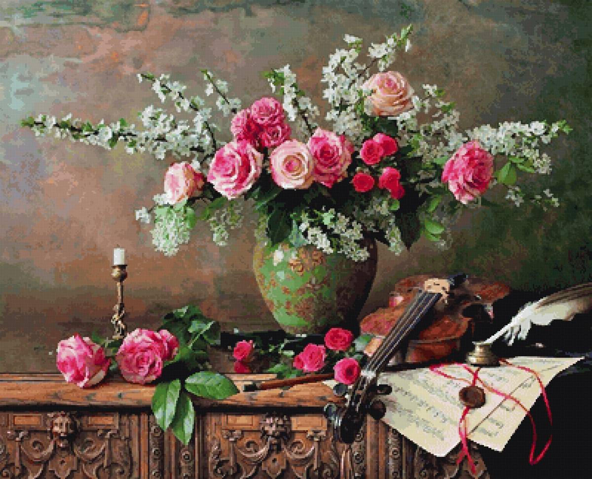 Розы и скрипка - картина, ваза, цветы, подсвечник, скрипка - предпросмотр