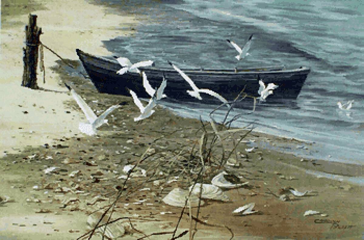 На берегу - лодка, берег, чайки, ракушки - предпросмотр