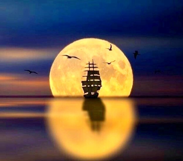 Закат - парусник, луна, море - оригинал