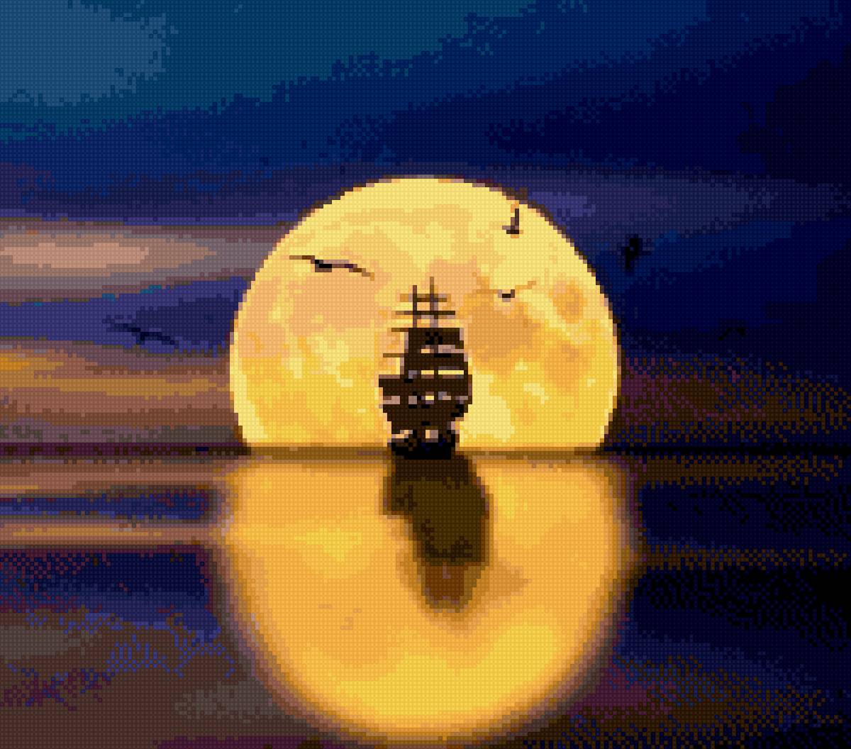 Закат - луна, парусник, море - предпросмотр