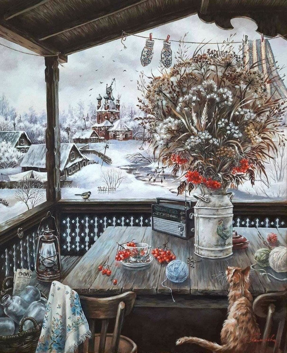 Зимняя история - деревня, зима, интерьер, букет - оригинал