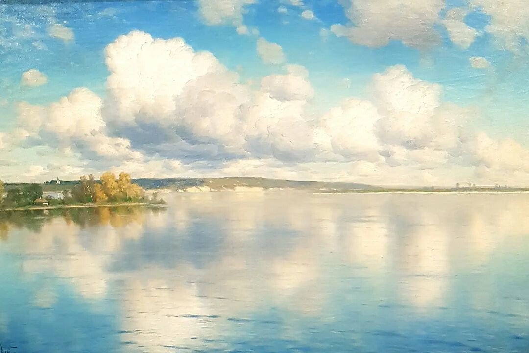 Озеро с белоснежными облаками и голубым небом - пейзаж, крыжицкий - оригинал