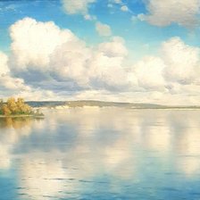 Схема вышивки «Озеро с белоснежными облаками и голубым небом»