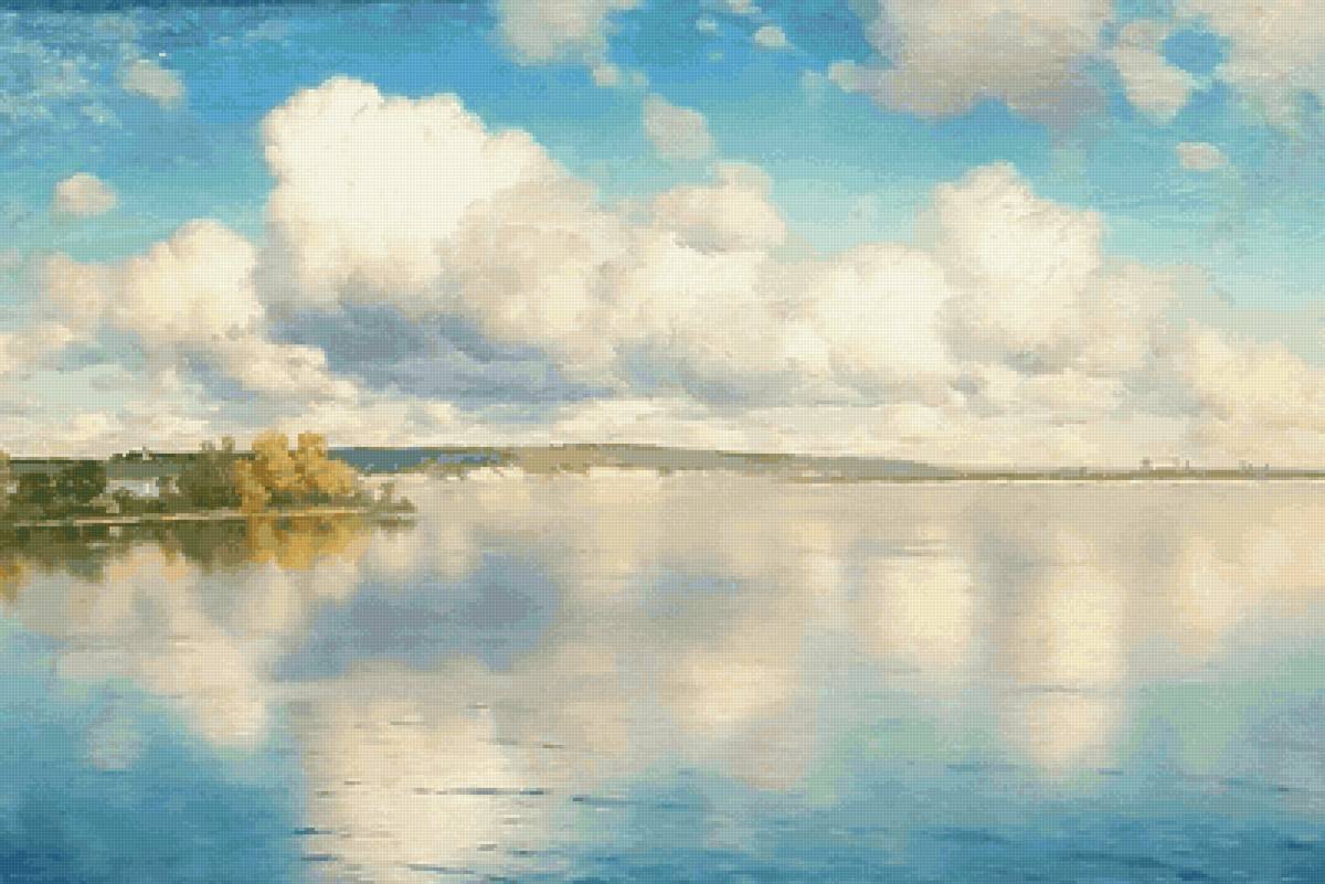 Озеро с белоснежными облаками и голубым небом - крыжицкий, пейзаж - предпросмотр