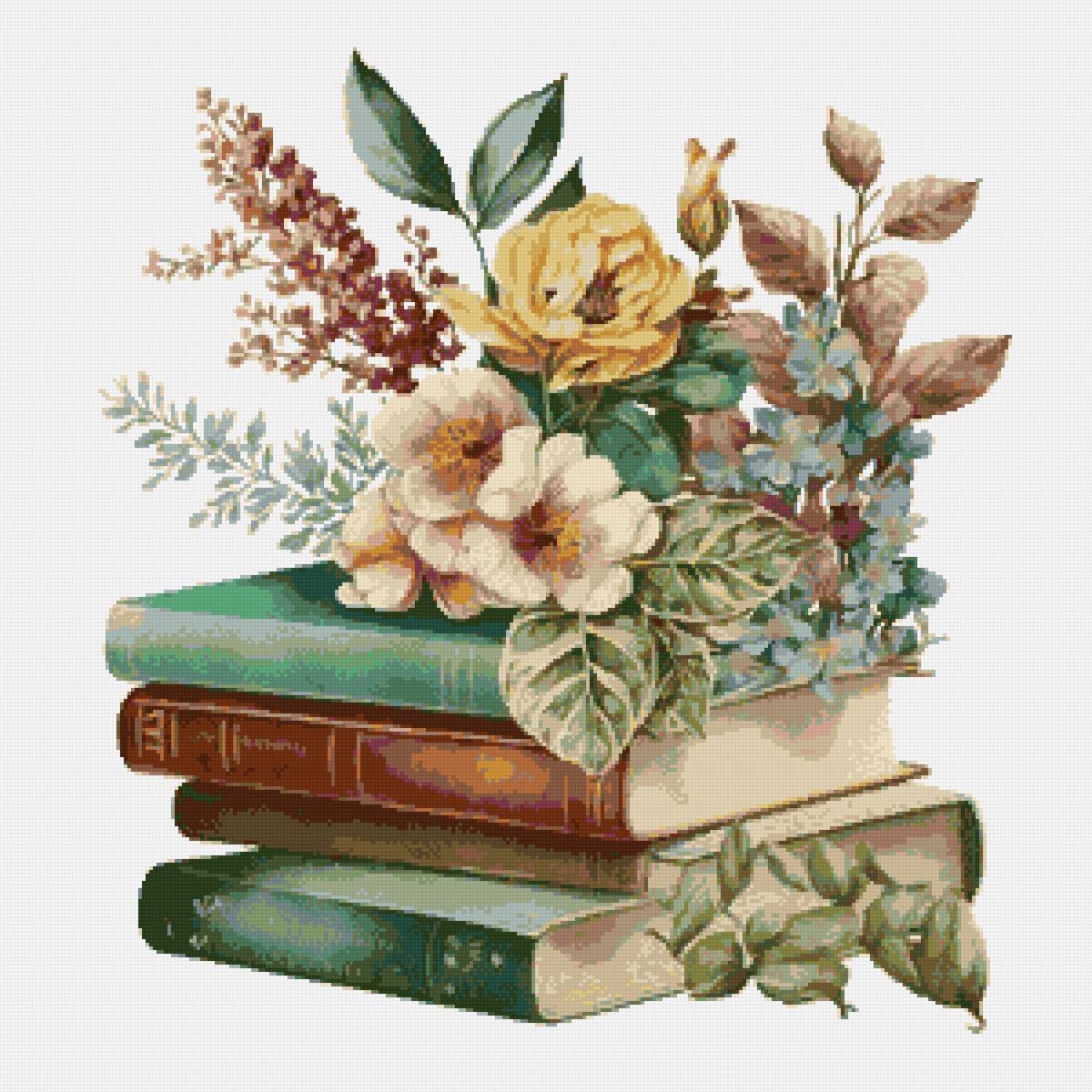 Книги с цветами - книги, цветы, рисунок - предпросмотр