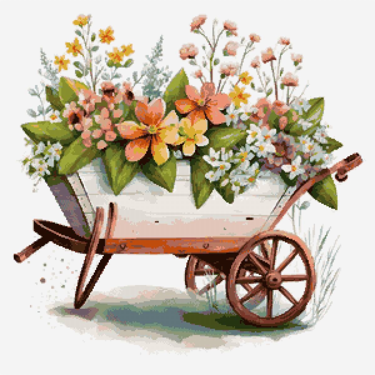 Тачка с цветами - сад, цветы, рисунок - предпросмотр