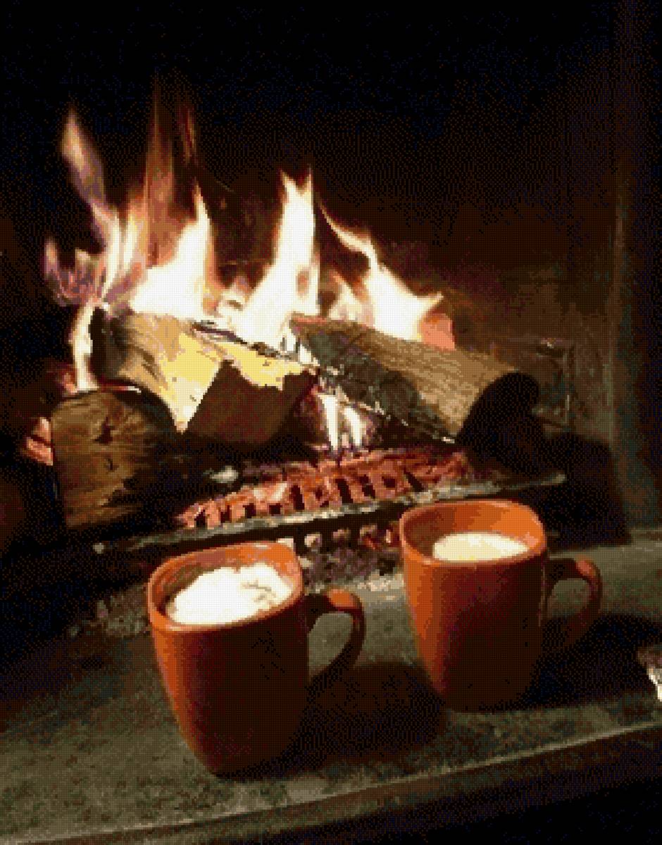 Чашки на фоне камина - дрова, чашка, камин, огонь, кофе - предпросмотр