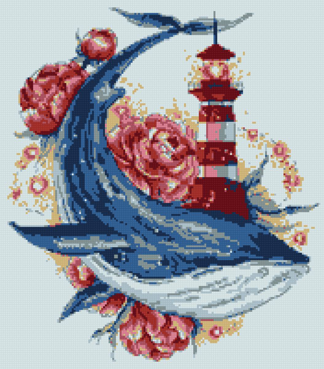 Парящий кит - маяк, цветы, кит - предпросмотр