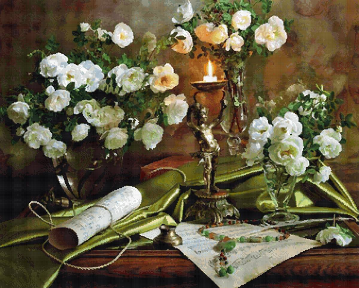 Белые розы - свеча, розы, натюрморт - предпросмотр