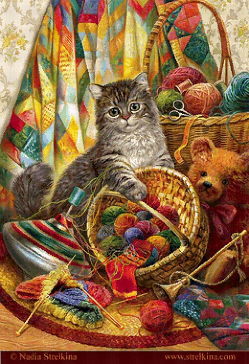 Котенок с клубками - игрушки, пряжа, рукоделие, котик - предпросмотр