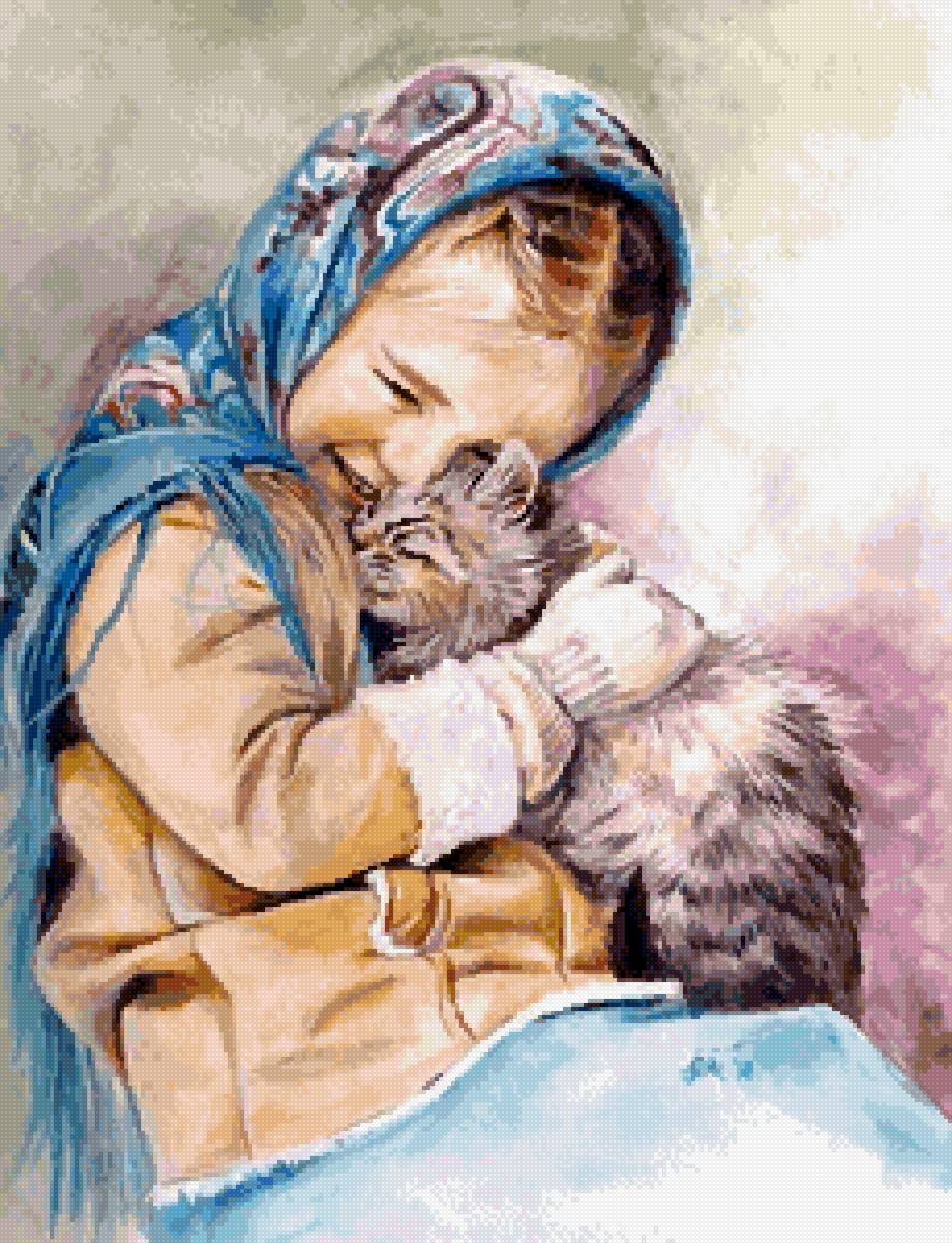 Девочка с котёнком - котик, платок, ребенок, одежда, милота - предпросмотр