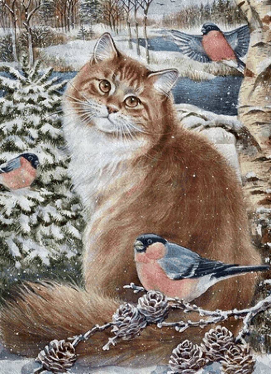 Кот и снегири - зима, птицы, живопись, кот - предпросмотр