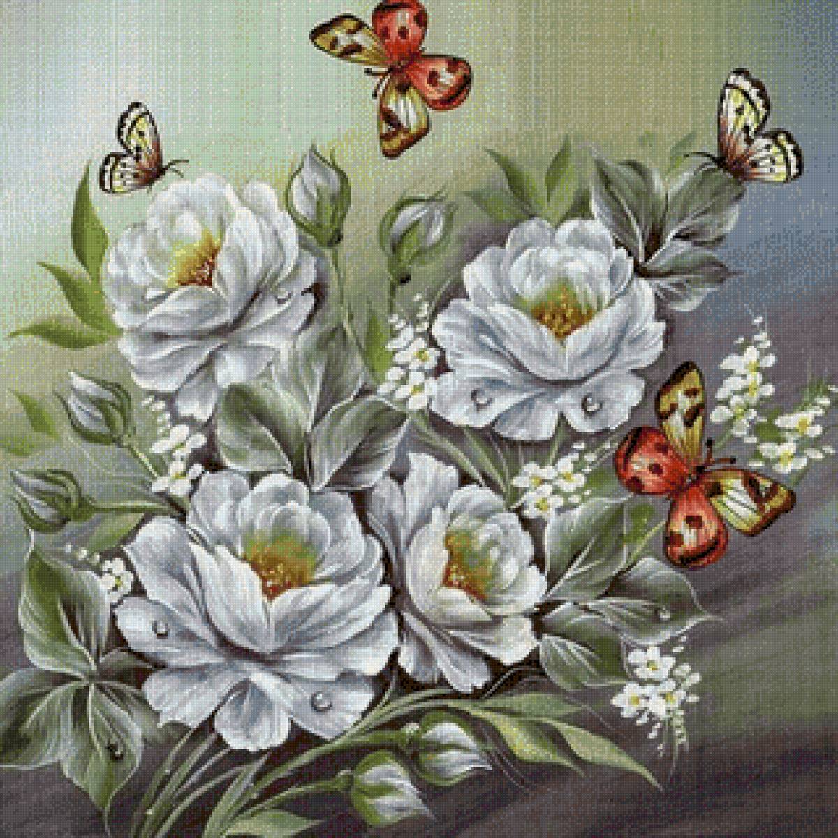 Цветы и бабочки - живопись, цветы, бабочки - предпросмотр