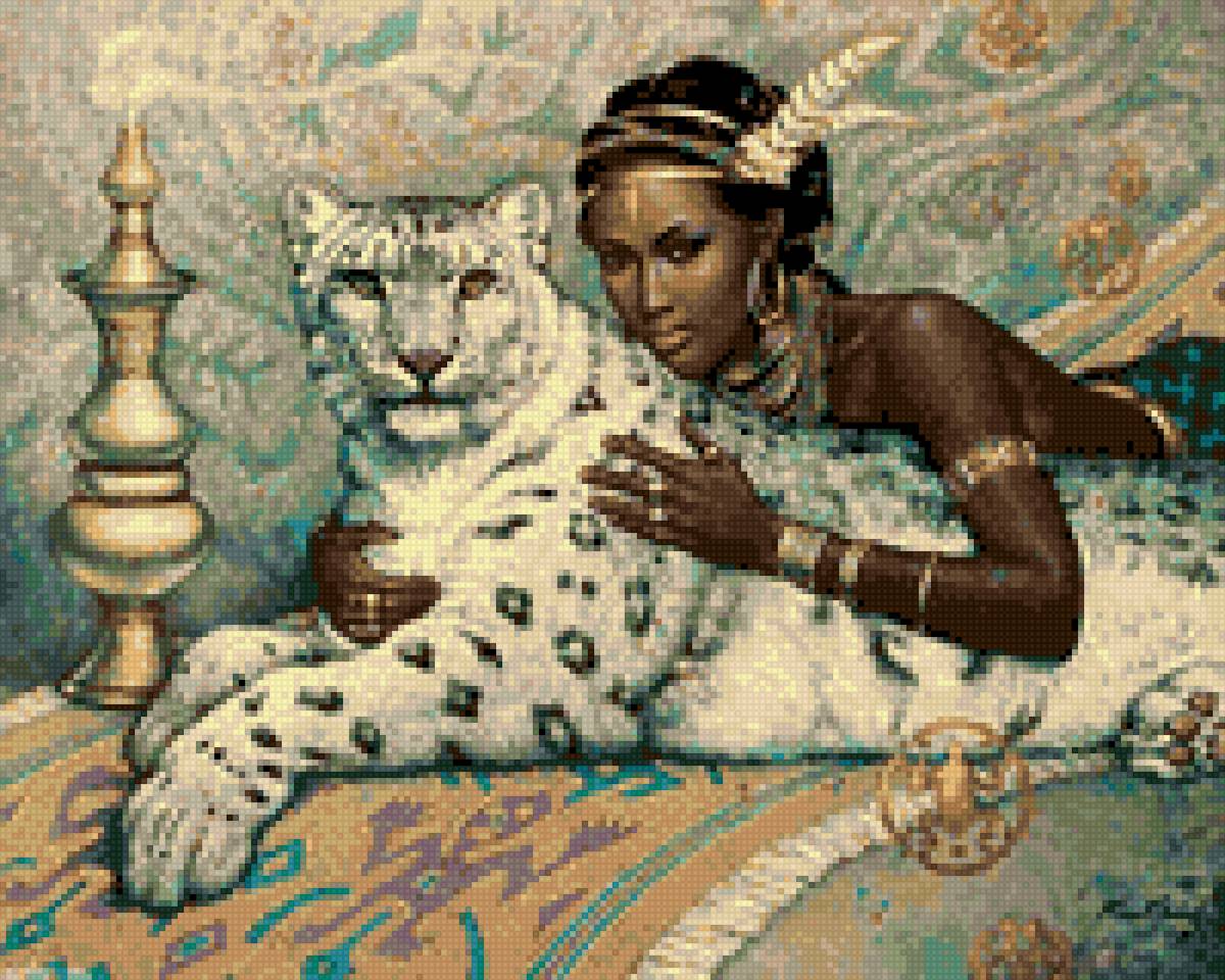 Белый леопард - девушка и леопард, мулатка, леопард - предпросмотр