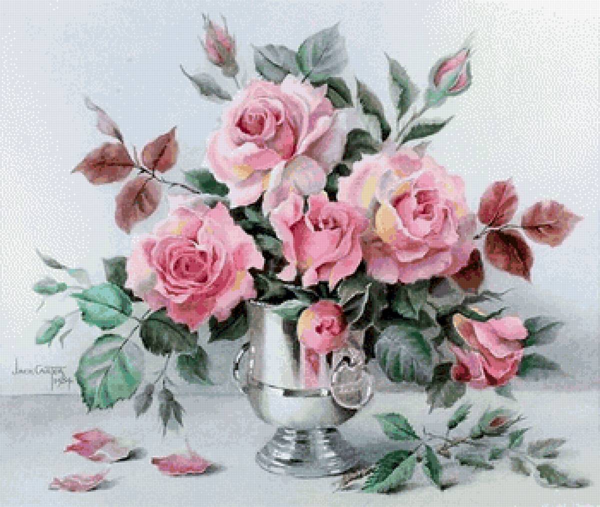Розы в серебряной вазе - букет, живопись, розы, цветы - предпросмотр
