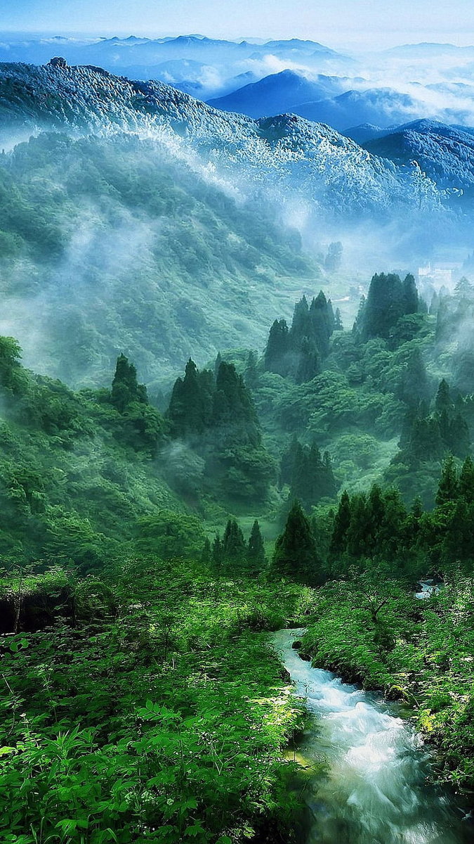 Горный пейзаж - туман, ручей, лес, горы, природа - оригинал