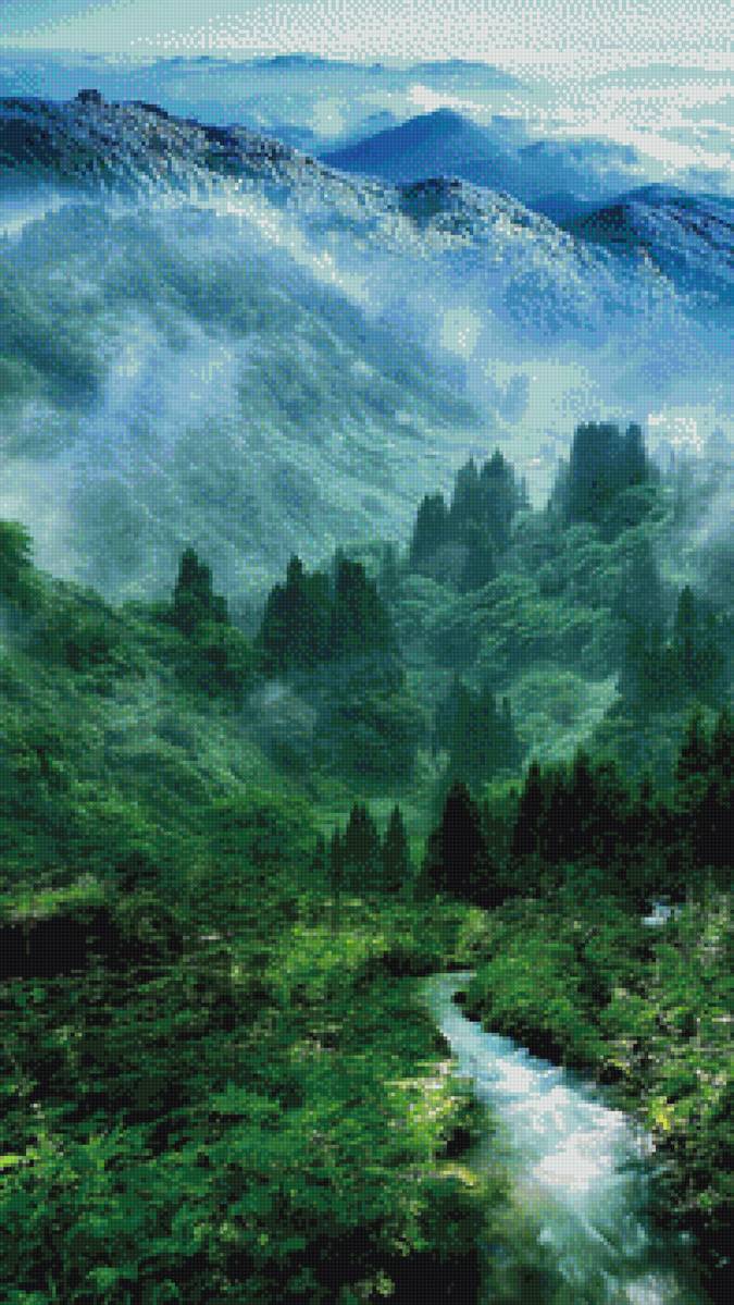 Горный пейзаж - природа, лес, горы, туман, ручей - предпросмотр