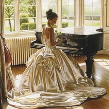 Девушка с розой у рояля