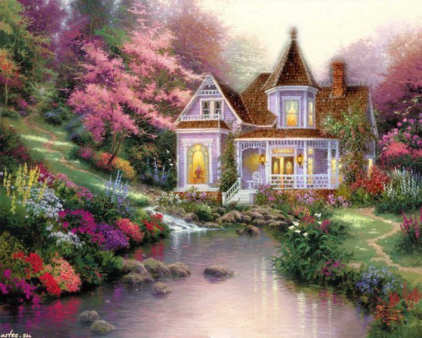 Весенний пейзаж - природа, цветы, дом, весна - оригинал