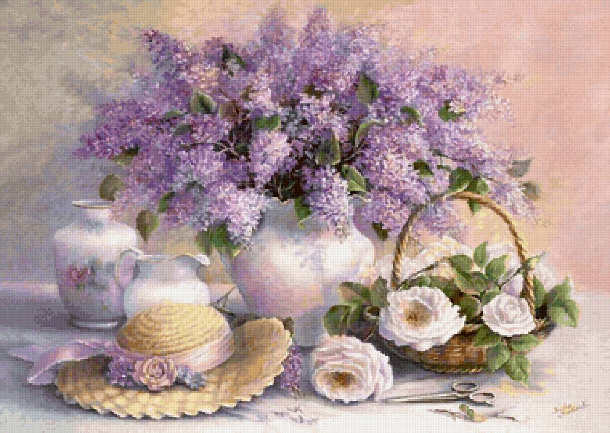 Натюрморт с сиренью - фарфор, сирень, цветы - предпросмотр