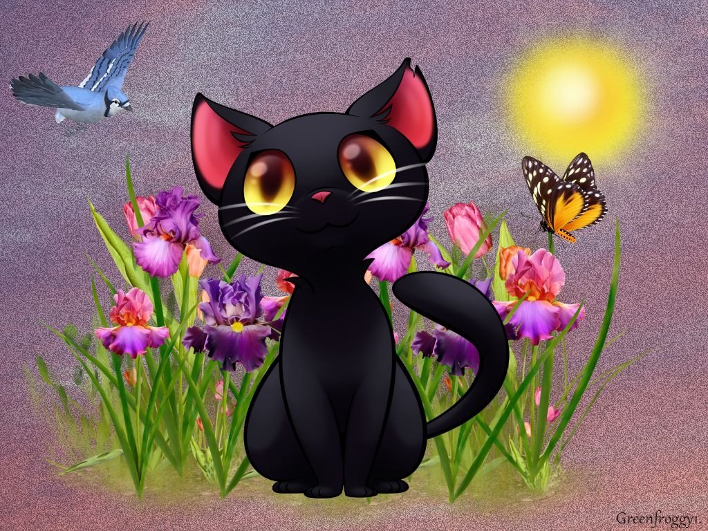 Чёрный котик - трава, солнце, природа, черный кот, цветы - оригинал