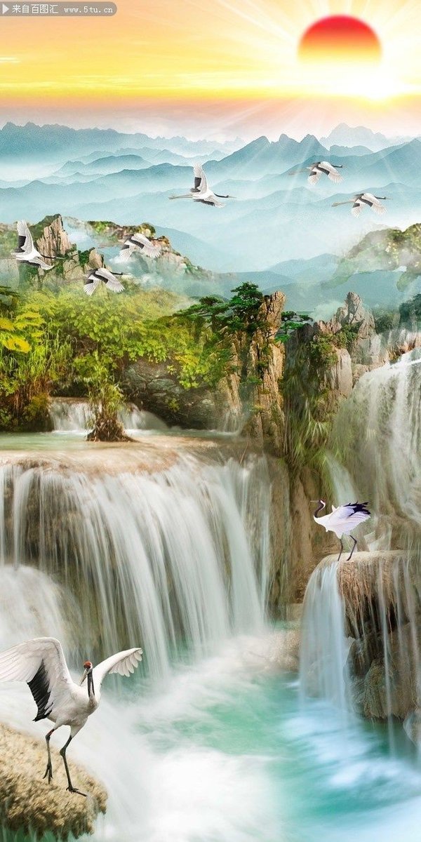 Водопад - горы, водопад, журавли - оригинал