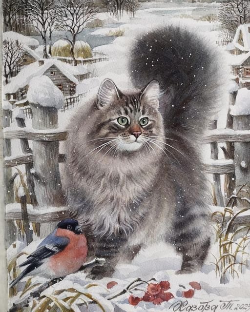 Перемирие Худ. Т,Хазова - кот, живопись, зима, снегирь, домашние животные - оригинал