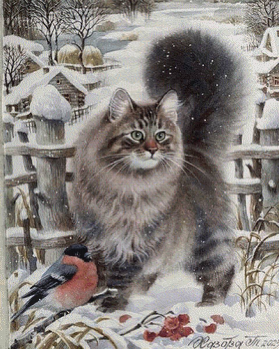 Перемирие Худ. Т,Хазова - зима, живопись, снегирь, домашние животные, кот - предпросмотр