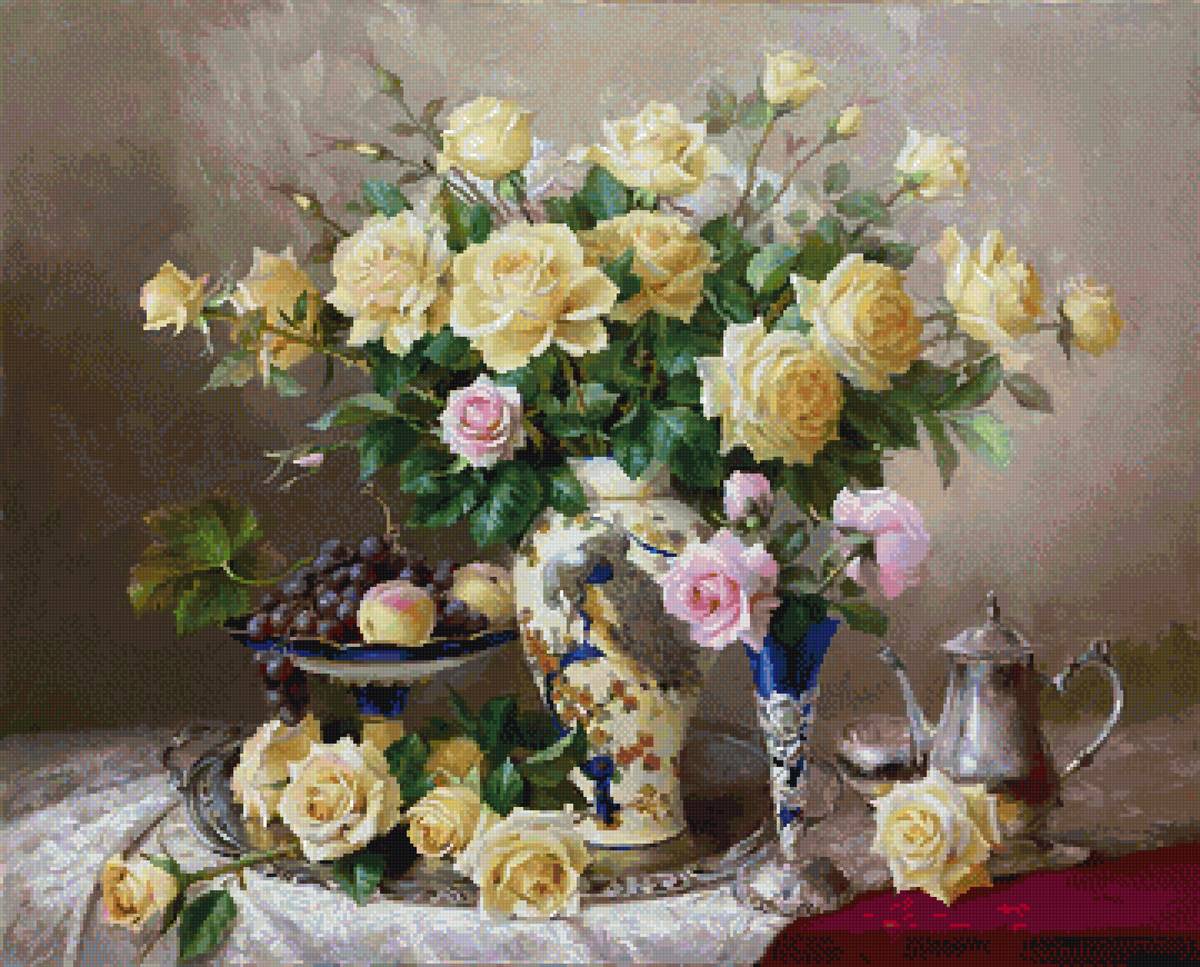 Чайные розы - натюрморт, розы, виноград - предпросмотр