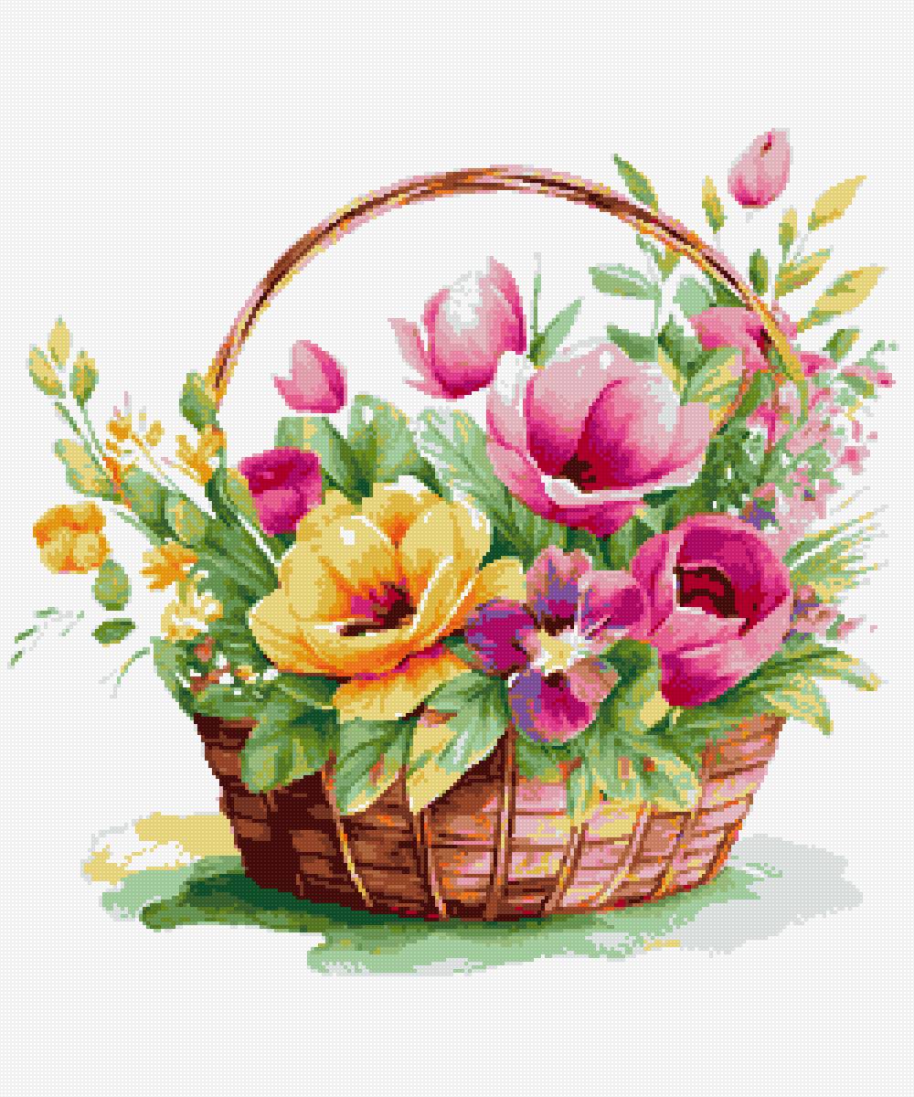 Корзина с цветами - цветы, акварель, рисунок - предпросмотр