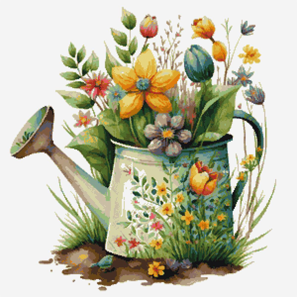 Лейка с цветами - акварель, рисунок, цветы - предпросмотр