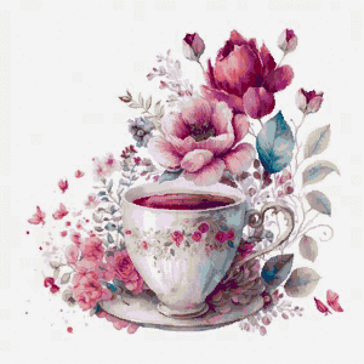 Чашка чая - акварель, цветы, чашка, рисунок - предпросмотр