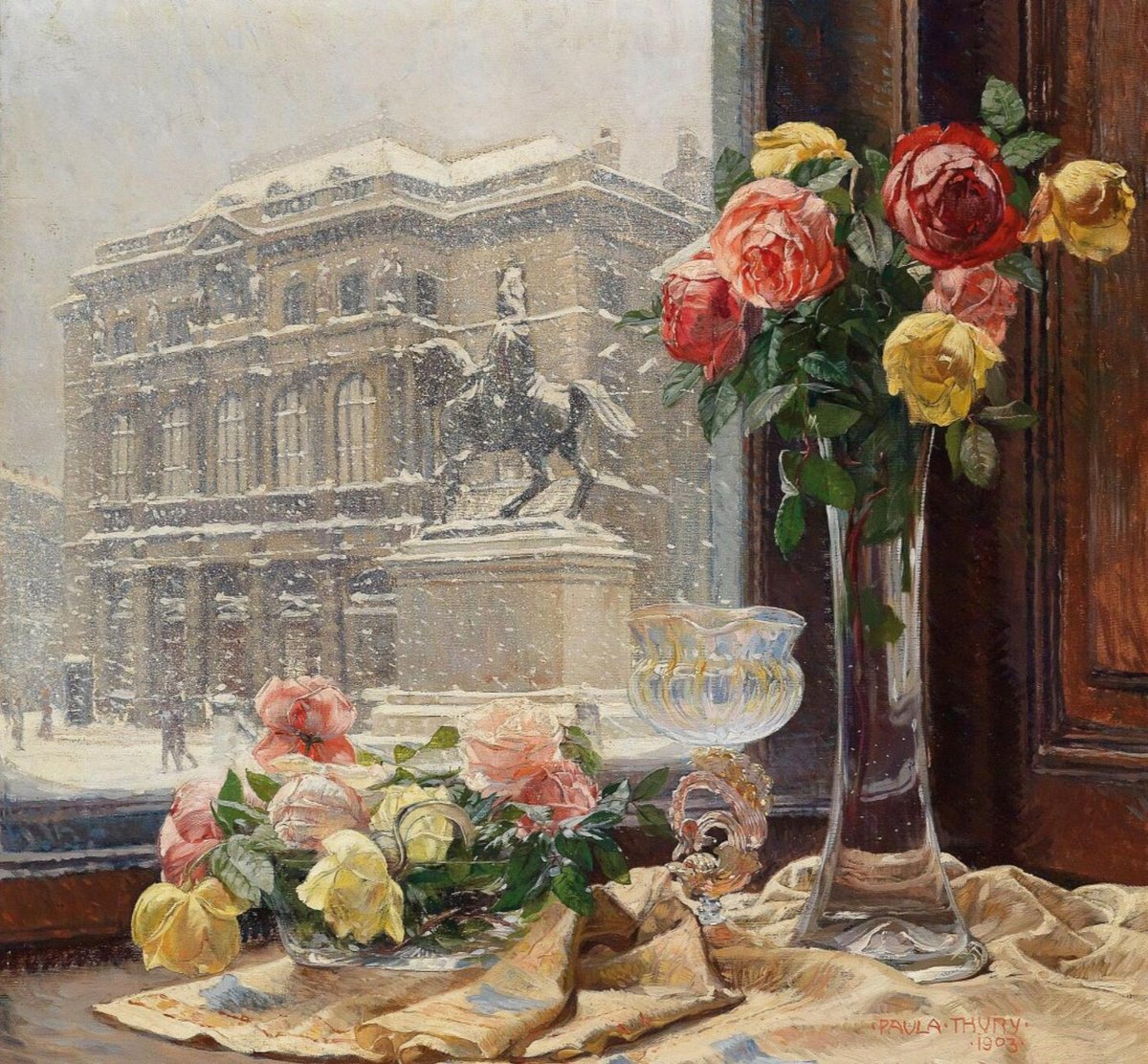 Метель - зима, розы, окно, памятник, метель - оригинал