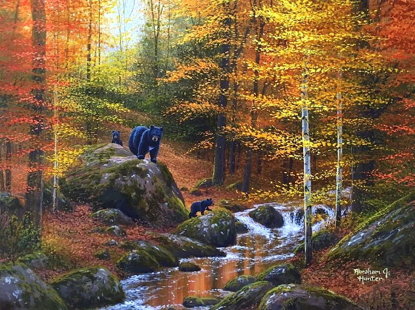 Медведи у ручья - осень, животные, горный ручей, лес - оригинал