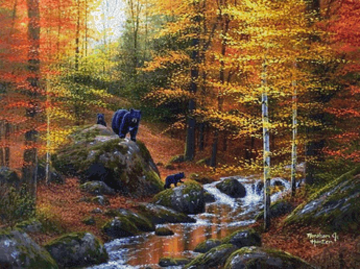 Медведи у ручья - осень, горный ручей, лес, животные - предпросмотр