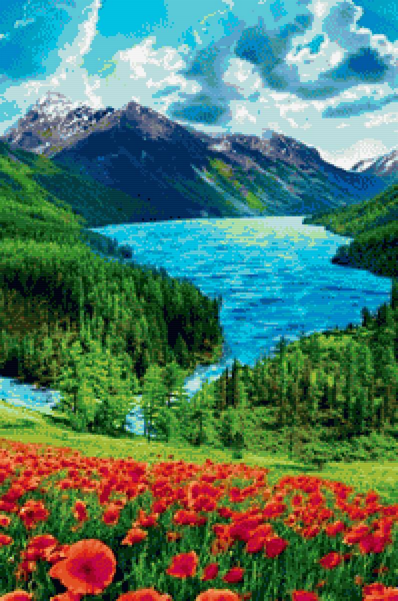 Озеро в горах - цветы, горы, озеро - предпросмотр