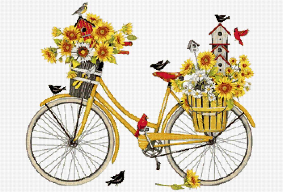 Велосипед - цветы, акварель, рисунок - предпросмотр