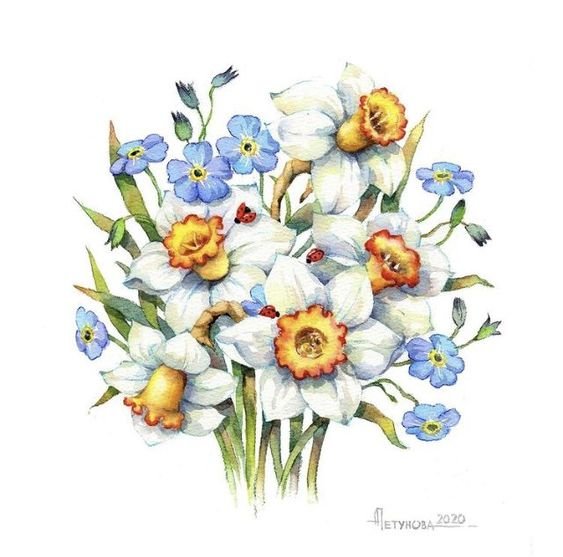 Нарциссы и незабудки - цветы, живопись, незабудки, нарциссы - оригинал