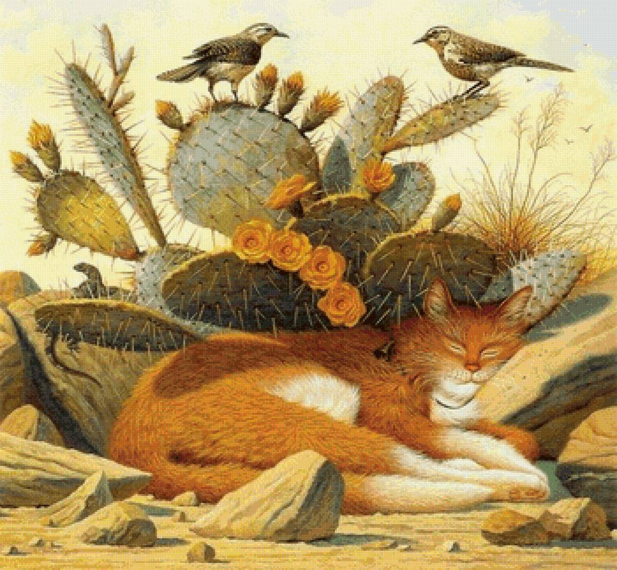 Тихий час - живопись, кот, птицы - предпросмотр