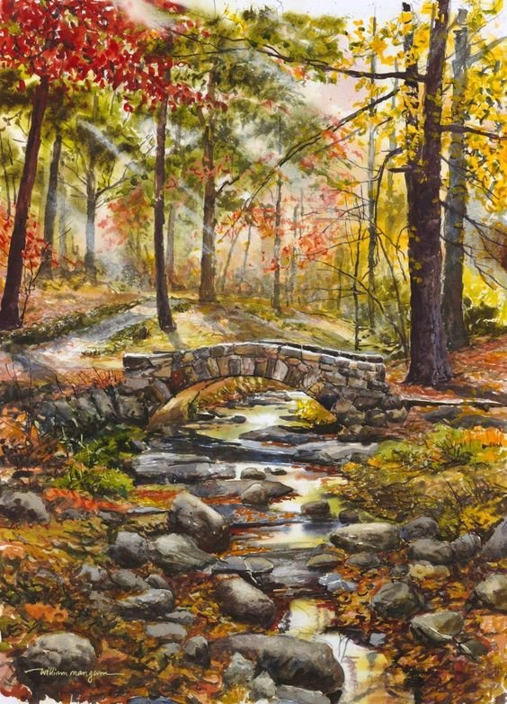 Осень в парке - осень, мостик, пейзаж, парк, ручей - оригинал