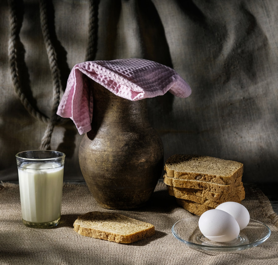 Деревенский завтрак - молоко, крынка, кухня, хлеб, натюрморт - оригинал