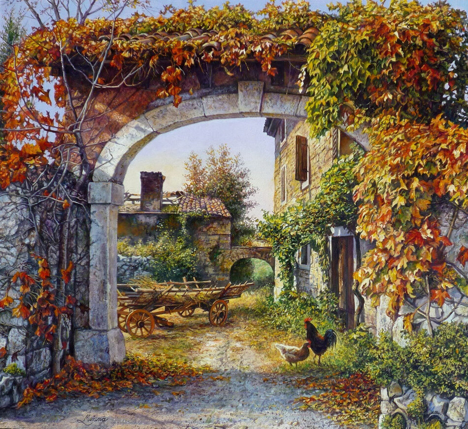 Осенний день - деревушка, дворик, италия - оригинал