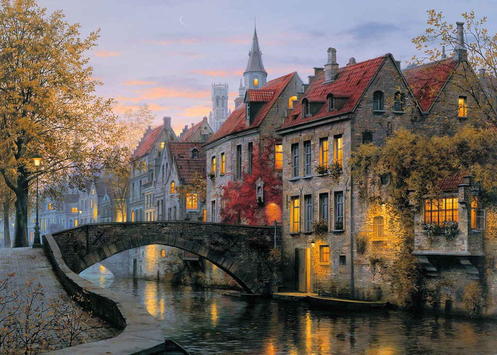 Осенний вечер - дома, осень, свет, канал, амстердам - оригинал