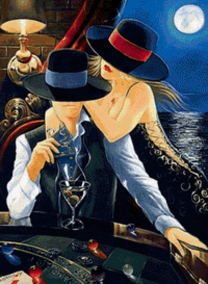 поцелуй на удачу - луна, карты, пара, поцелуй, казино - предпросмотр