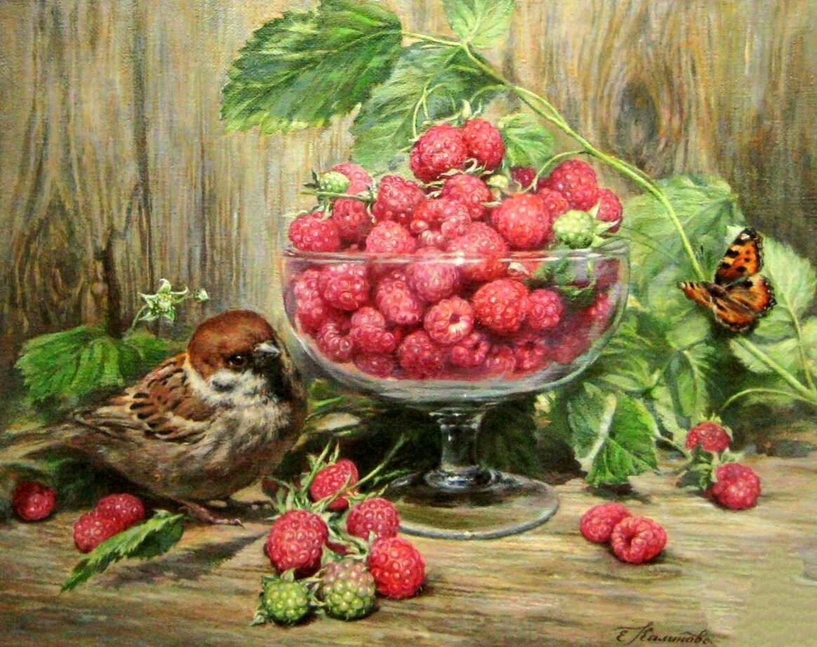 Малина и воробей - натюрморт, ягоды, птица - оригинал