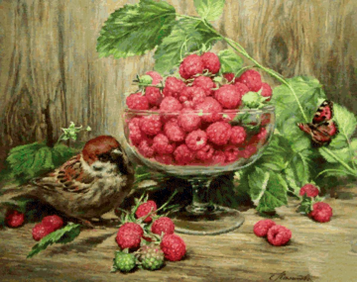 Малина и воробей - натюрморт, птица, ягоды - предпросмотр