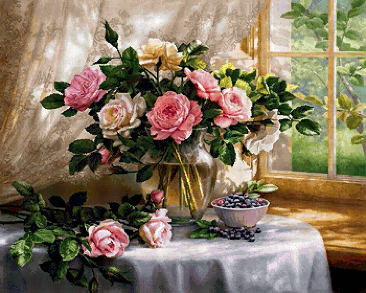 Натюрморт "Розы на окне" - розы., натюрморт - предпросмотр