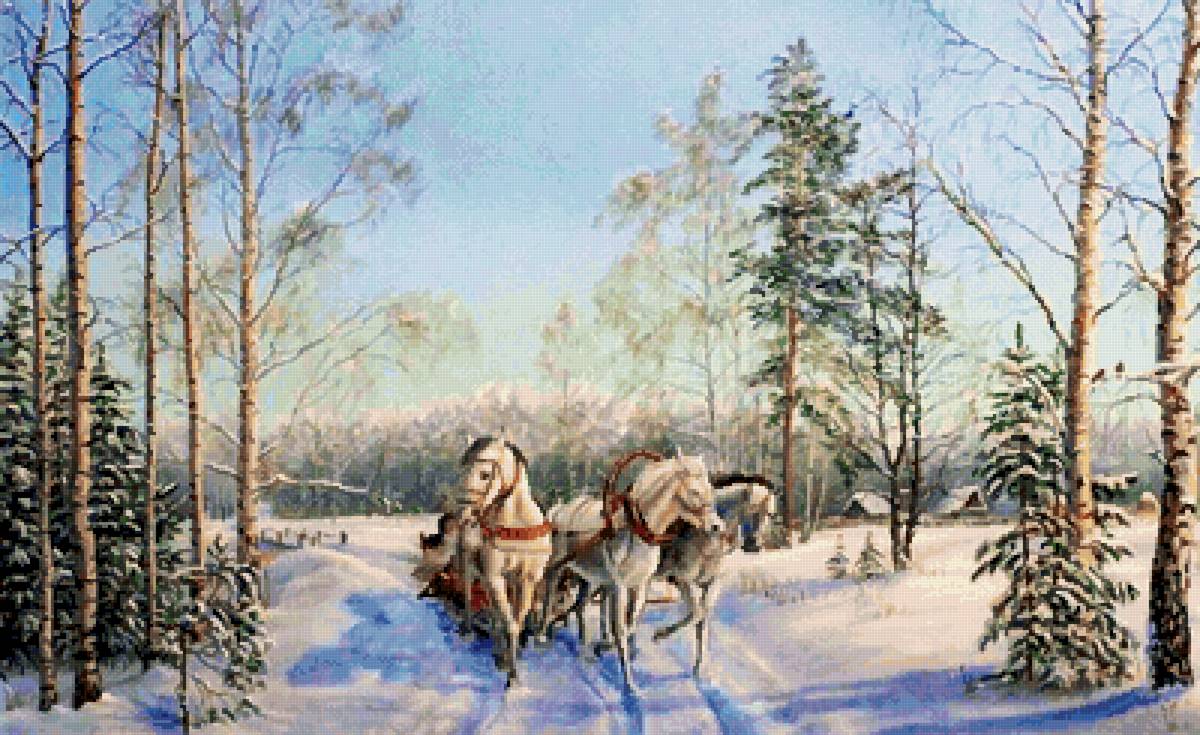 Тройка с бубенцами - лошадь. зима. лес - предпросмотр