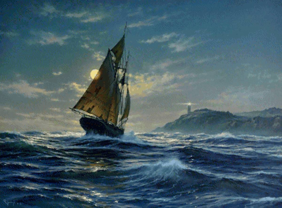 Под луной - море, ночь, парусник - предпросмотр