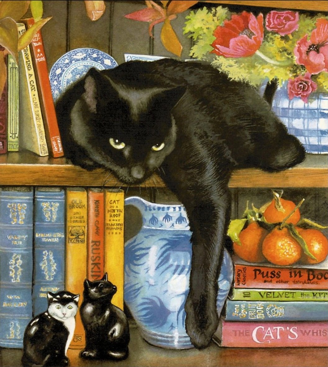 Кот на книжной полке - животные, живопись, картина, кошки, кошачий портрет - оригинал